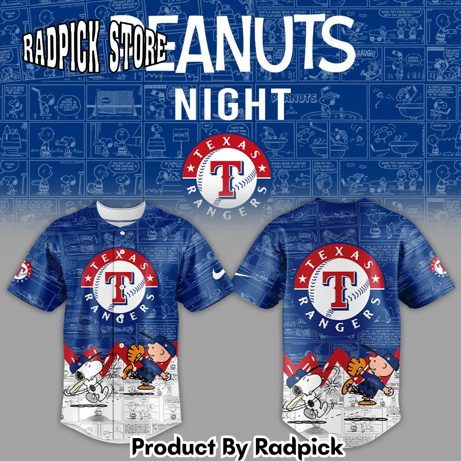Radpick texas rangers 75th anniversary of peanuts baseball jersey rp12732